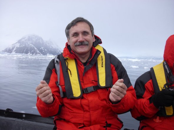 Roger J. Wendell on a zodiac boat in Antarctica - 01-28-2011