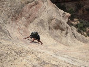 Roger Wendell climbing barefoot in Canyonlands - 2014