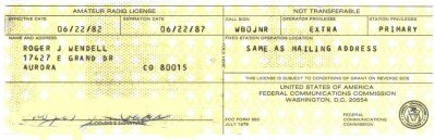 Extra Class Amateur Radio License WB0JNR - 1982