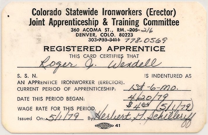 Colorado Statewide Ironworkers (Erector) Joint Apprenticeship and Training Committee Roger J. Wendell - 04-20-1979