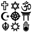Christian Cross, Jewish Star of David, Hindu Aumkar, Islamic Star and crescent, Buddhist Wheel of Dharma, Shinto Torii, Sikh Khanda, Bah '  star, Jain Ahimsa Symbol