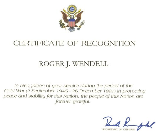 Roger J. Wendell's Cold War Certificate
